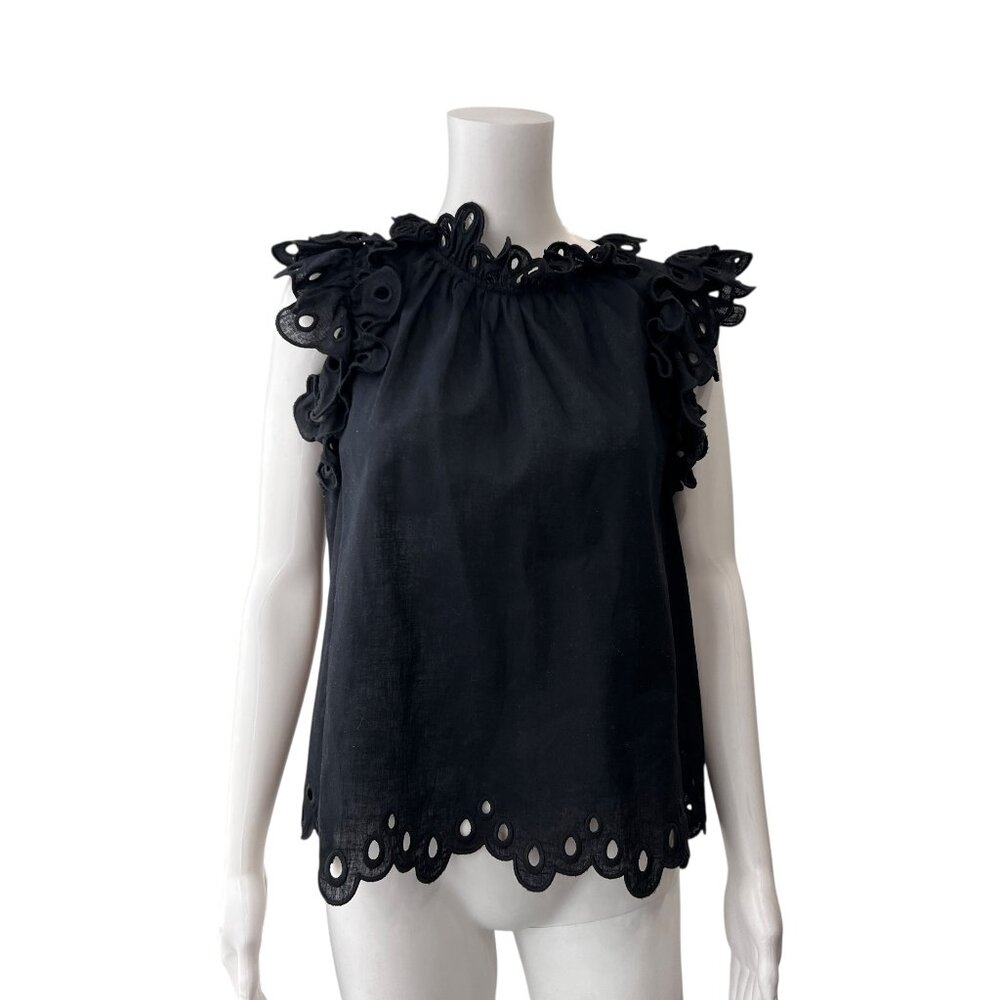 $275 Sea Black Eyelet Short Sleeve Linen Natuli Blouse size Small - Picture 2 of 8